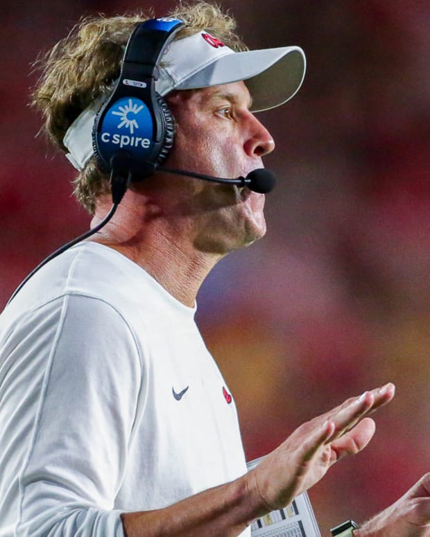 Ole Miss coach Lane Kiffin on sidelines against LSU last Saturday night